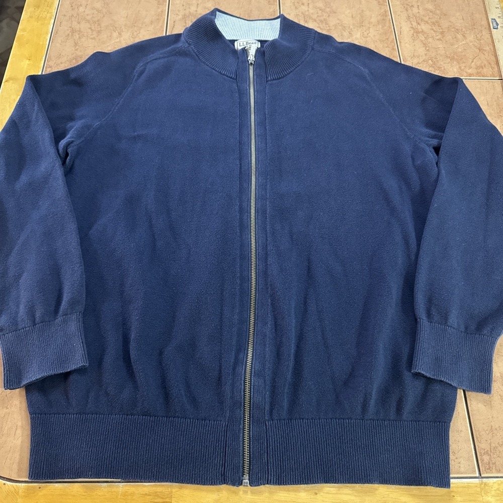 L.L Bean Cardigan Sweater Mens Sz Large Blue Full Zip Mock‎ Neck  Cotton